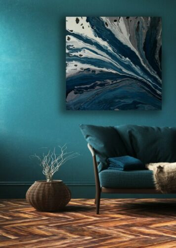 Home interior mock-up with green sofa, table and decor in living